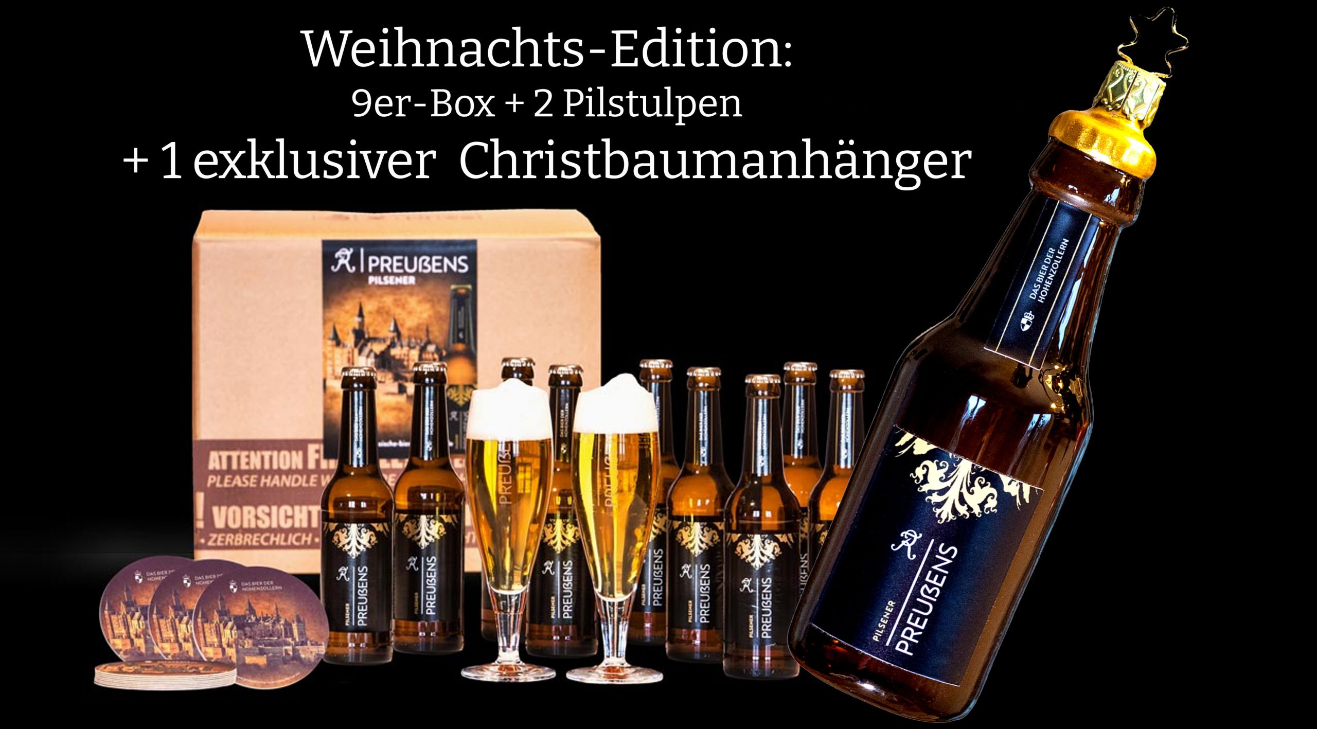 Weihnachts-Edition: PREUẞENS 9er Box + 2 Biertulpen von Ritzenhoff + 1 exklusiver Christbaumanhänger